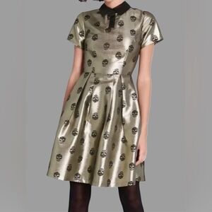 NWT Metallic Gold Collared Mini Dress with Black Jacquard Skull Pattern, Size 12